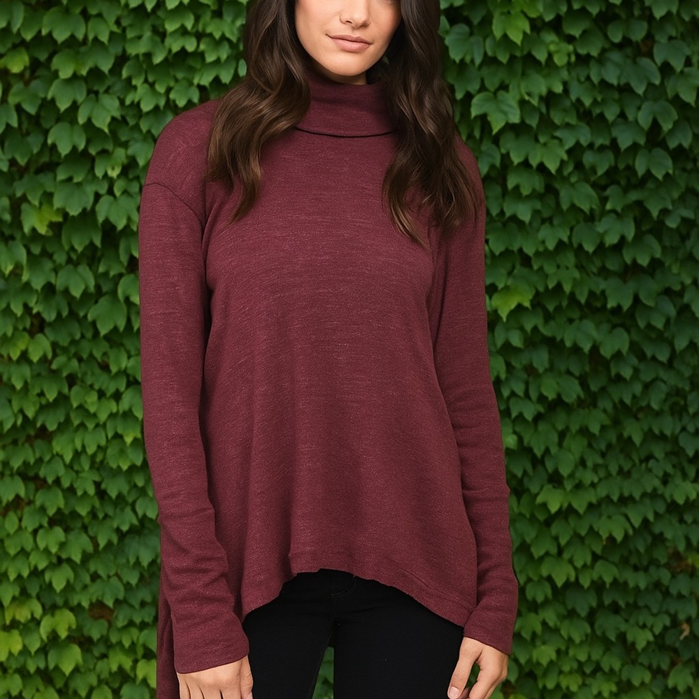 WE THE FREE Burgundy Split Back Slub Turtleneck Shirt, XS